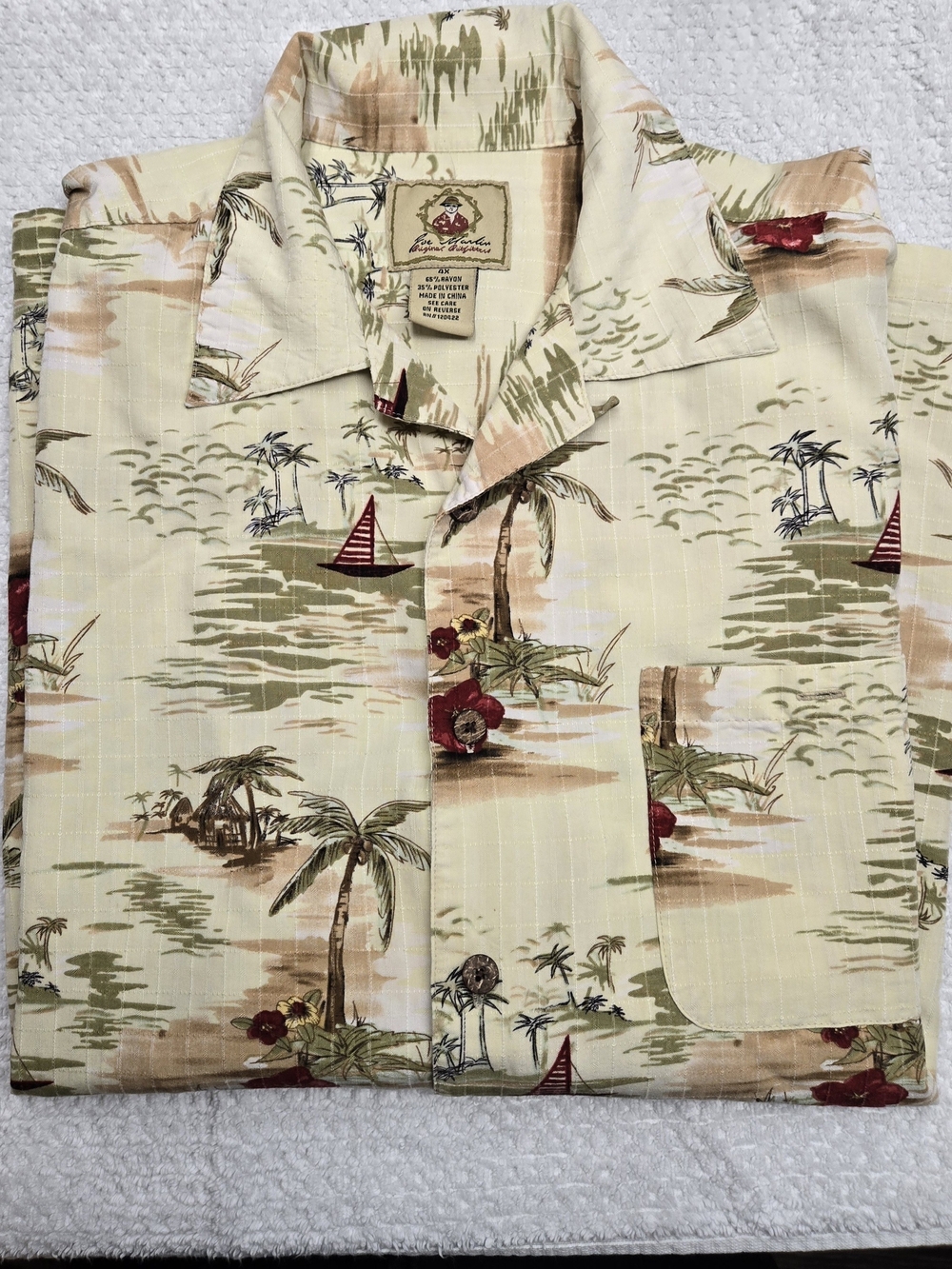 Men's Hawaiian Print Button-Up Shirt - Cream Tropical Joe Marlin Size 4x